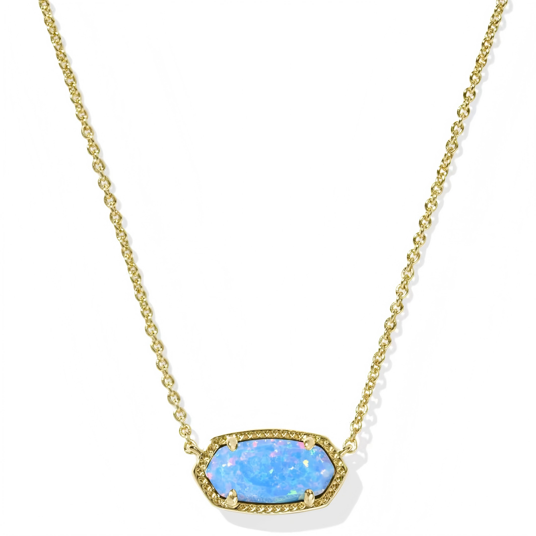 Kendra Scott Elisa gold pendant necklace with a vibrant light blue Kyocera opal stone.