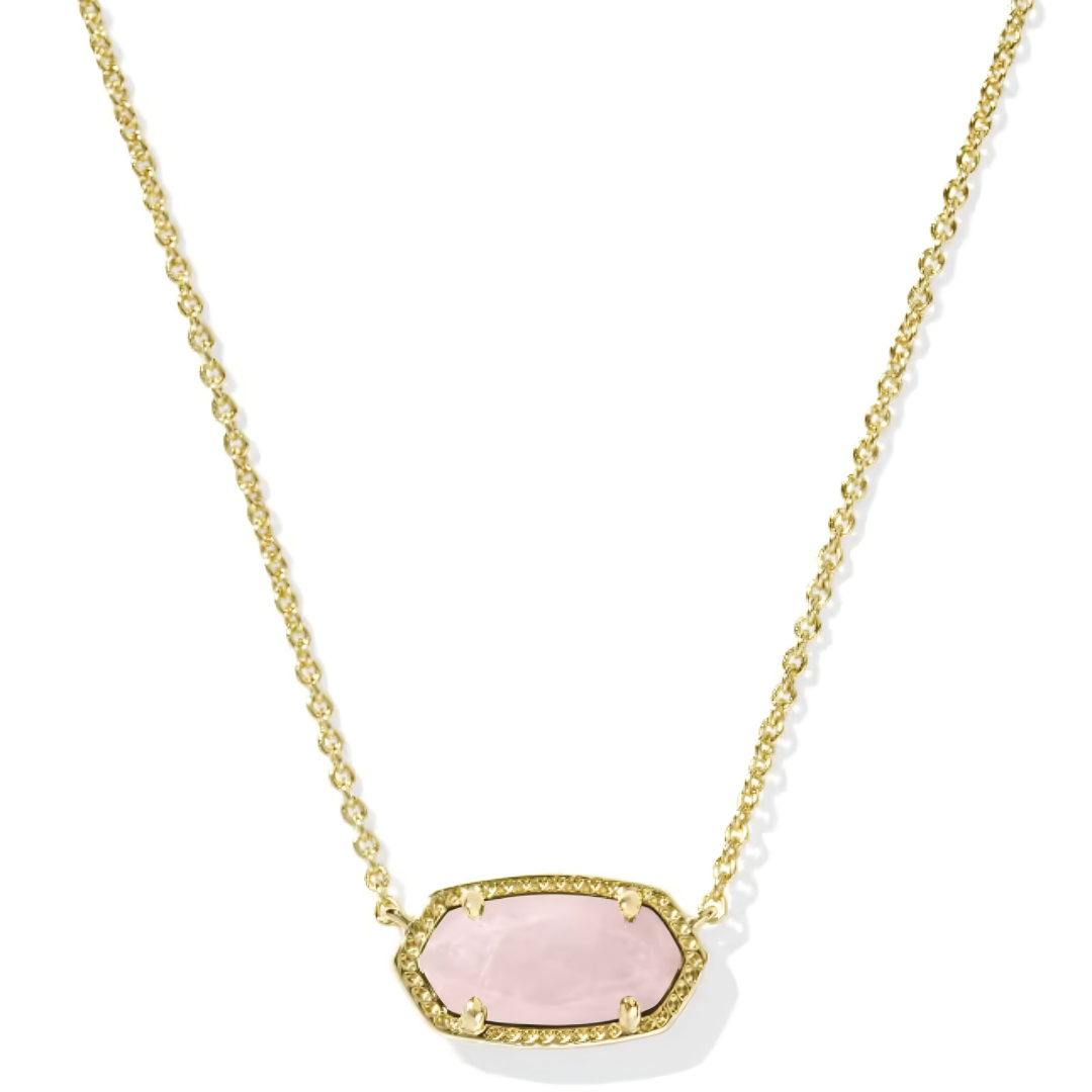 Kendra Scott Elisa gold pendant necklace with a smooth light pink rose quartz stone
