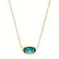 Kendra Scott Elisa gold pendant necklace with a faceted teal blue quartz stone.