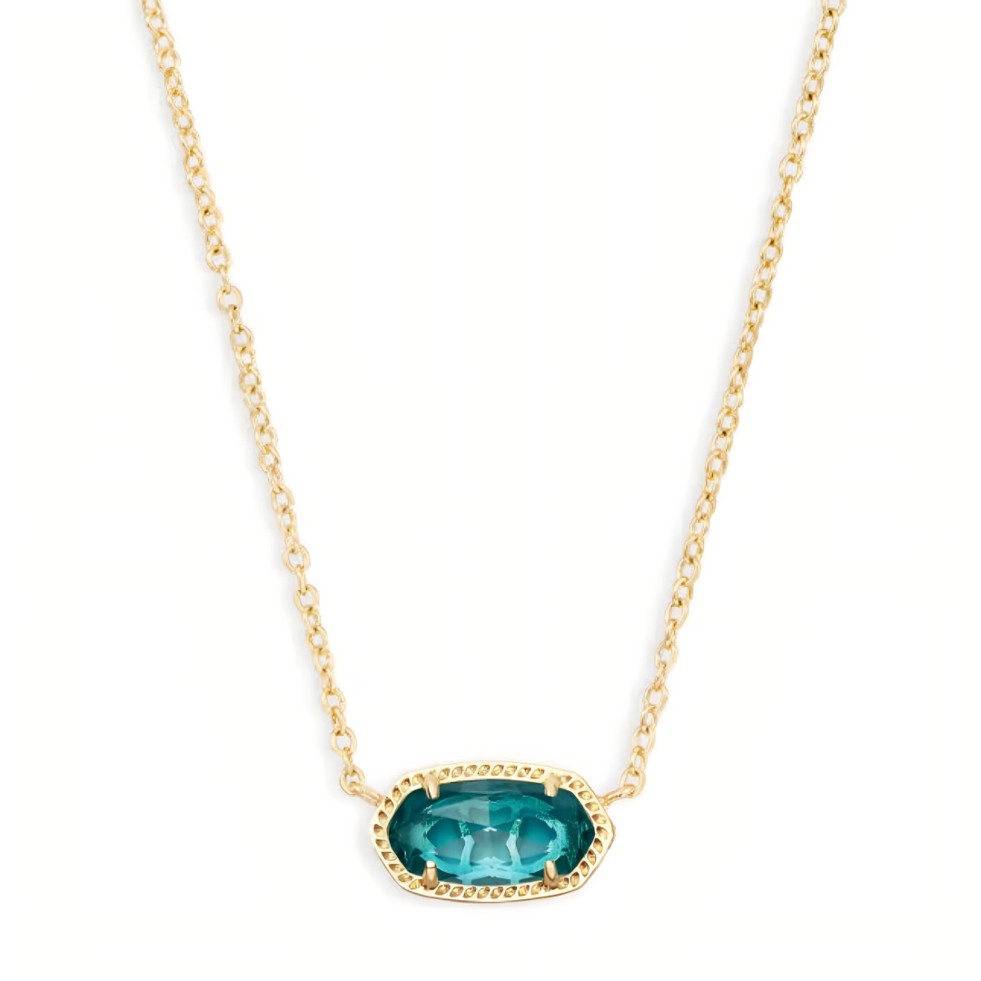 Kendra Scott Elisa gold pendant necklace with a faceted teal blue quartz stone.