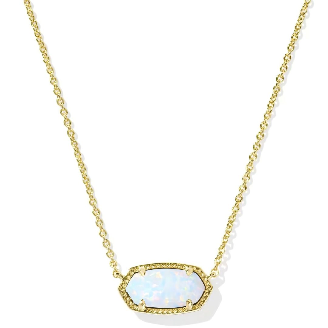Kendra Scott Elisa gold pendant necklace featuring an iridescent white Kyocera opal stone.