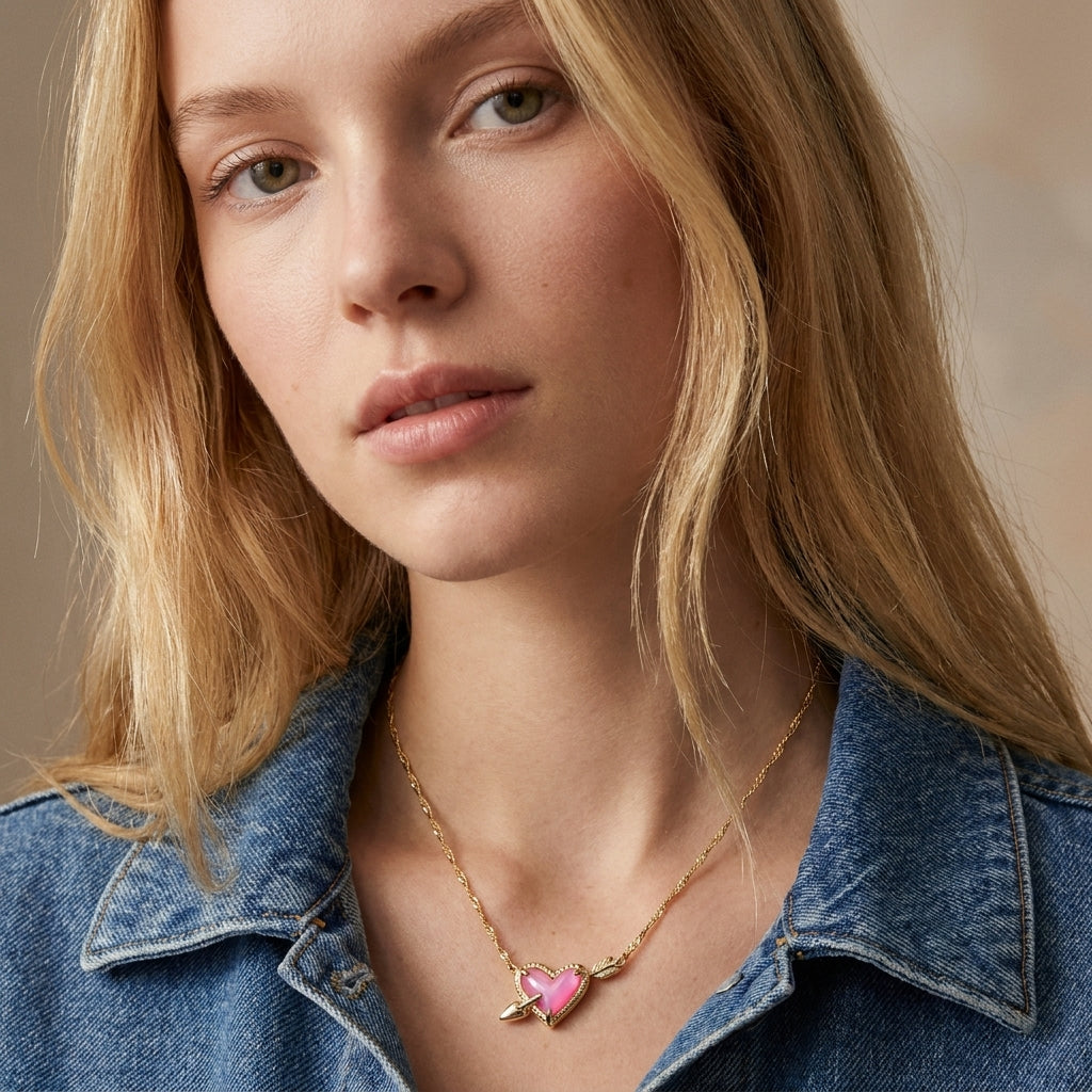 Model in a blue denim jacket wearing the gold Kendra Scott Ari heart arrow pendant necklace.