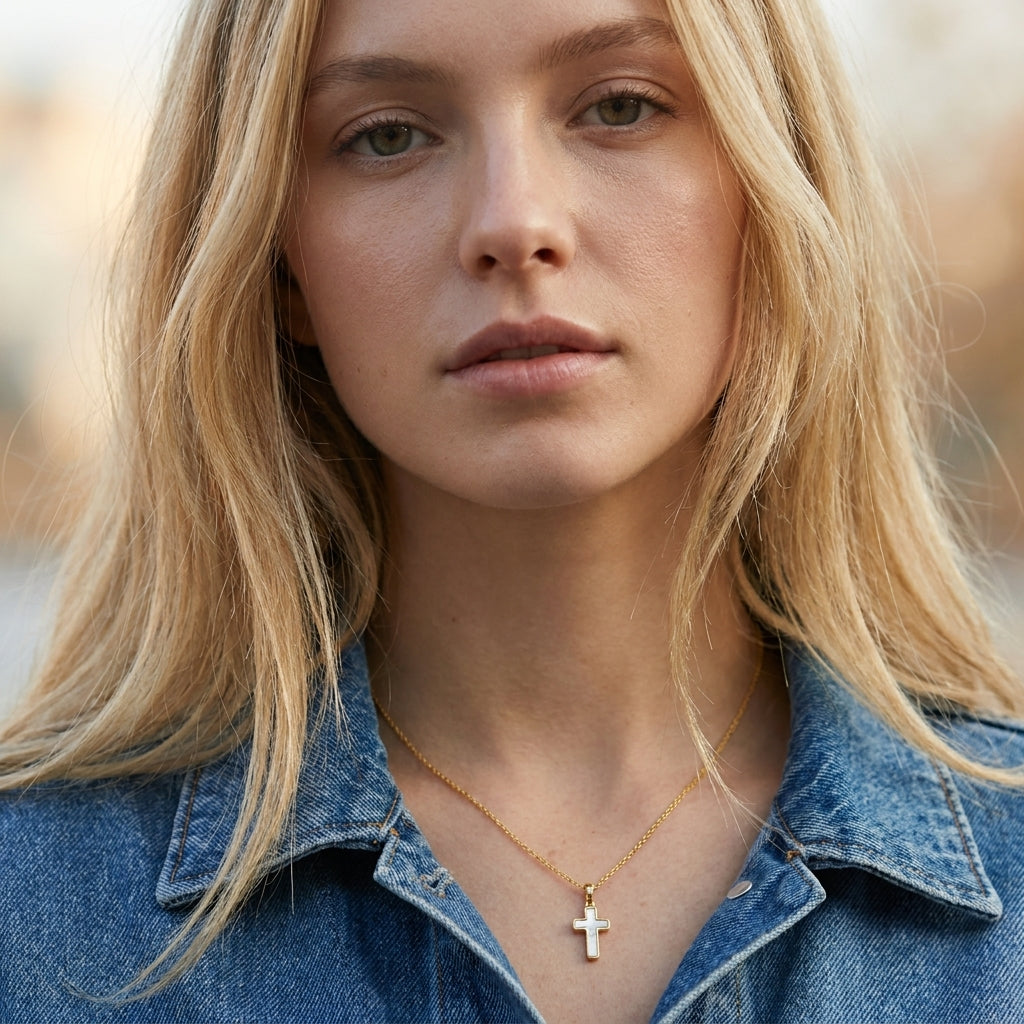 Blonde female model wearing the gold Kendra Scott cross pendant necklace.