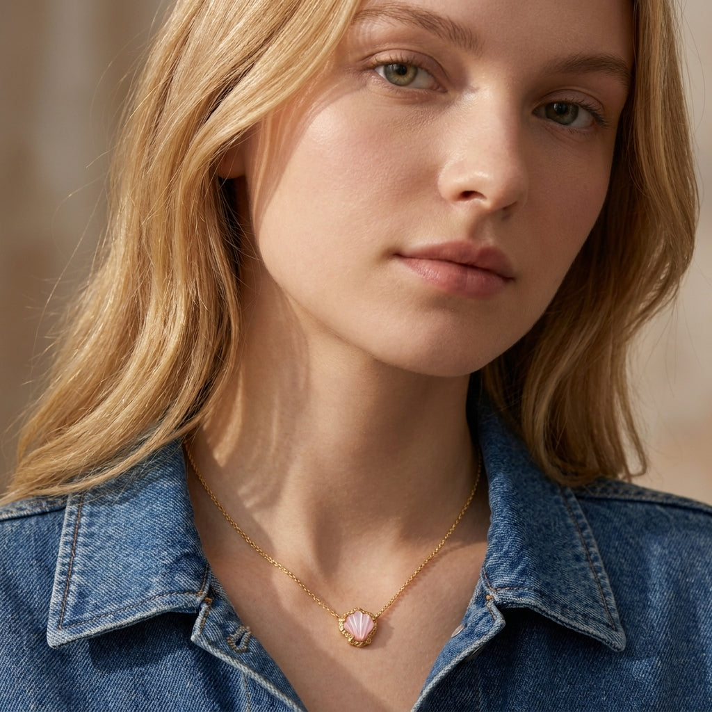 Blonde model wearing the gold Kendra Scott Brynne shell pendant necklace with a denim jacket.