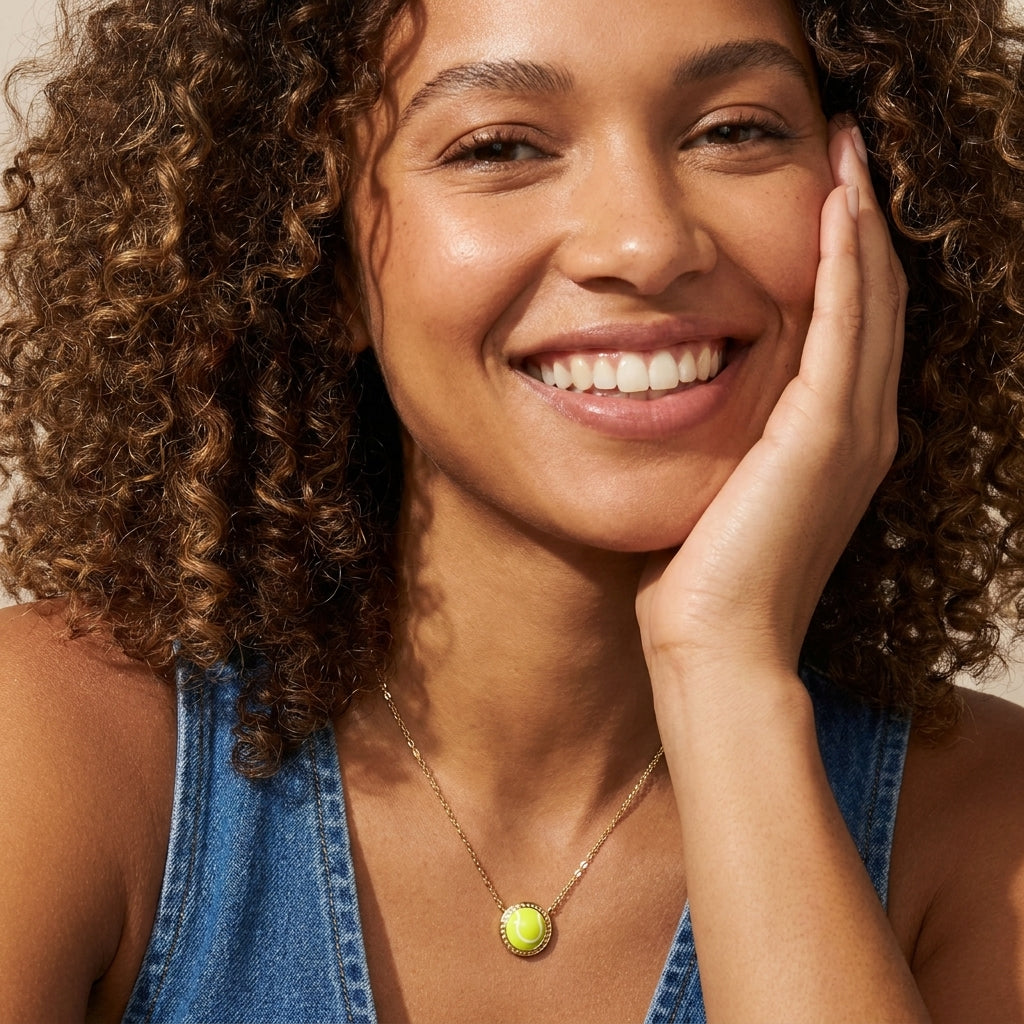 Smiling model showcasing the Kendra Scott gold tennis ball pendant necklace in chartreuse magnesite.