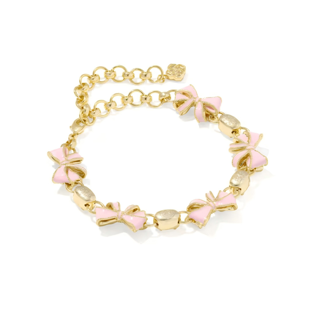 Kendra Scott x LoveShackFancy bow gold delicate chain bracelet front view tiny gold bow charm