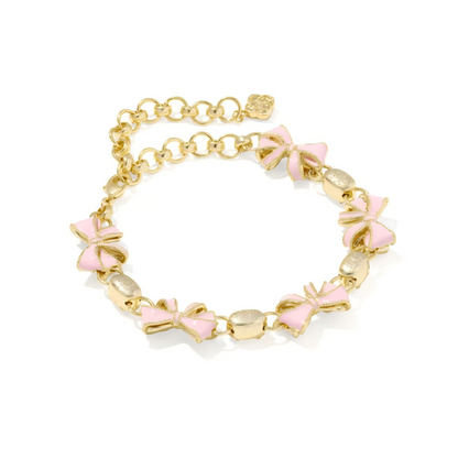 Kendra Scott x LoveShackFancy bow gold delicate chain bracelet front view tiny gold bow charm