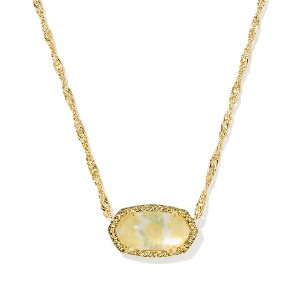 Kendra Scott x LoveShackFancy Elisa Marie gold necklace with a yellow and green floral print stone.