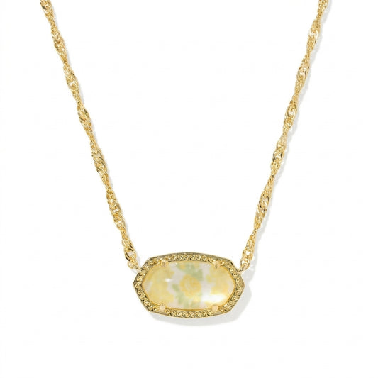 Kendra Scott x LoveShackFancy Elisa Marie gold necklace with a yellow and green floral print stone.