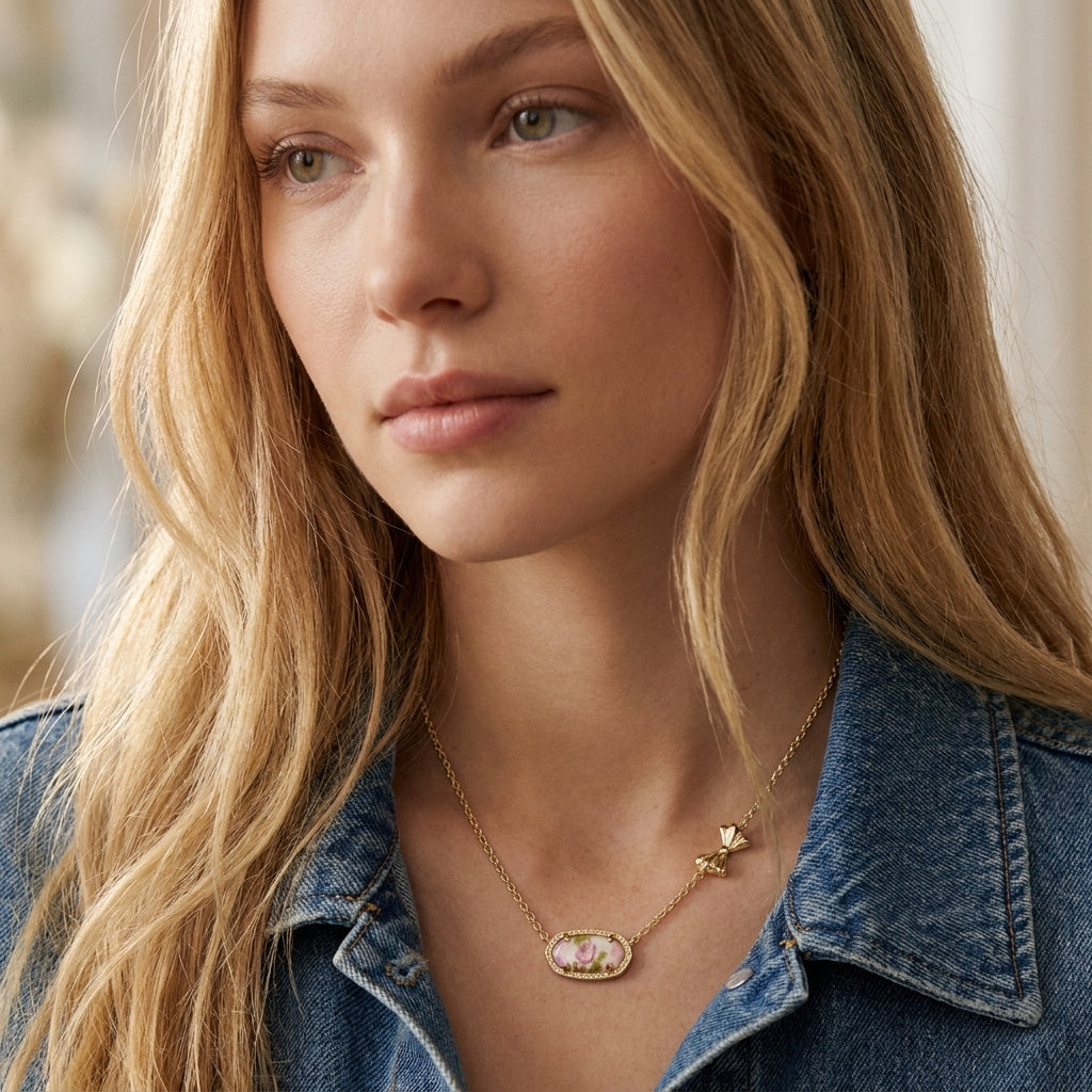 Side profile of a model styling the Kendra Scott x LoveShackFancy gold floral bow pendant necklace with a casual denim jacket.