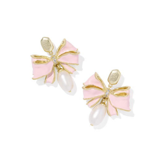 Kendra Scott x LoveShackFancy pearl bow gold statement earrings front view pearl-adorned bow drops