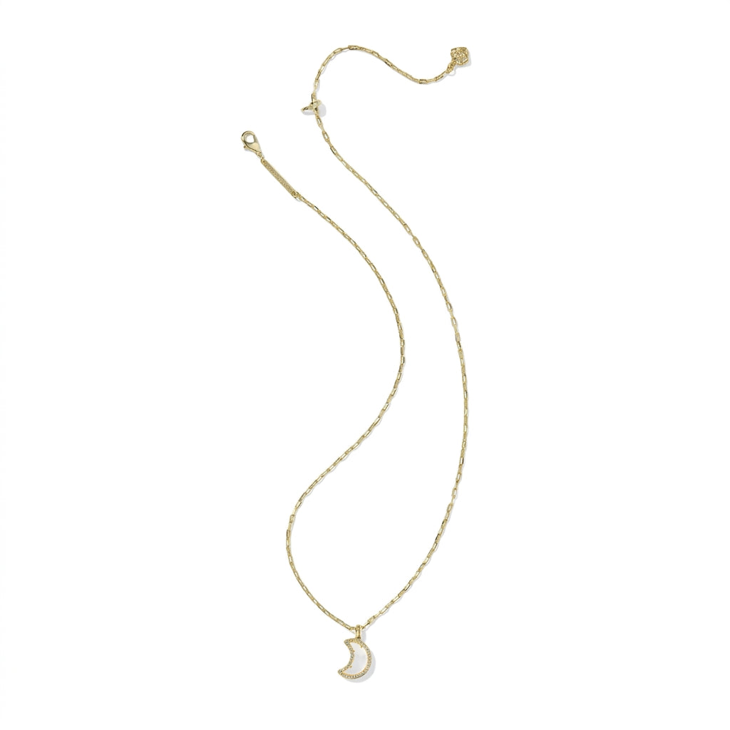 Full view of the Kendra Scott moon necklace chain layout, showing the adjustable slider bead clasp and delicate metal workmanship.