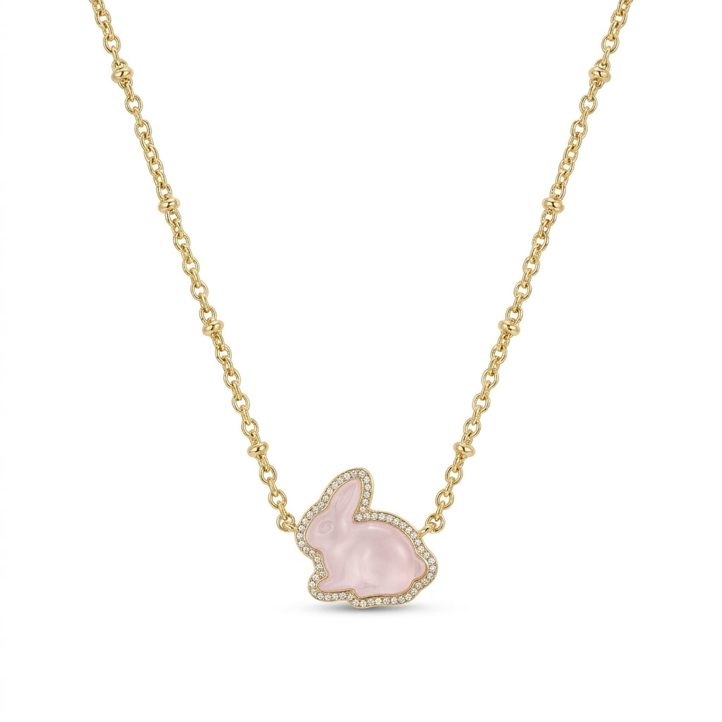 Kendra Scott Rabbit short pendant necklace in gold featuring a soft pink quartz stone.