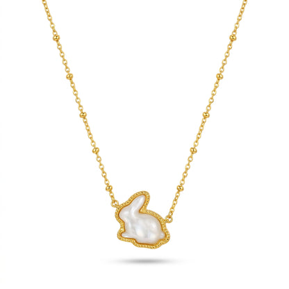 Kendra Scott Rabbit short pendant necklace in gold featuring a white mother of pearl rabbit charm.