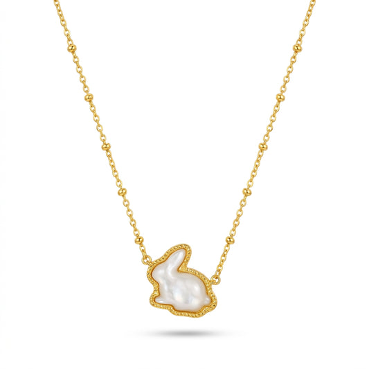 Kendra Scott Rabbit short pendant necklace in gold featuring a white mother of pearl rabbit charm.