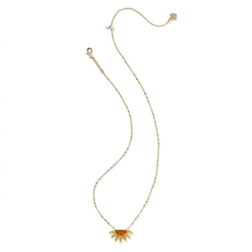Full view of the gold Kendra Scott Samantha Sun pendant necklace showing the adjustable slider chain.