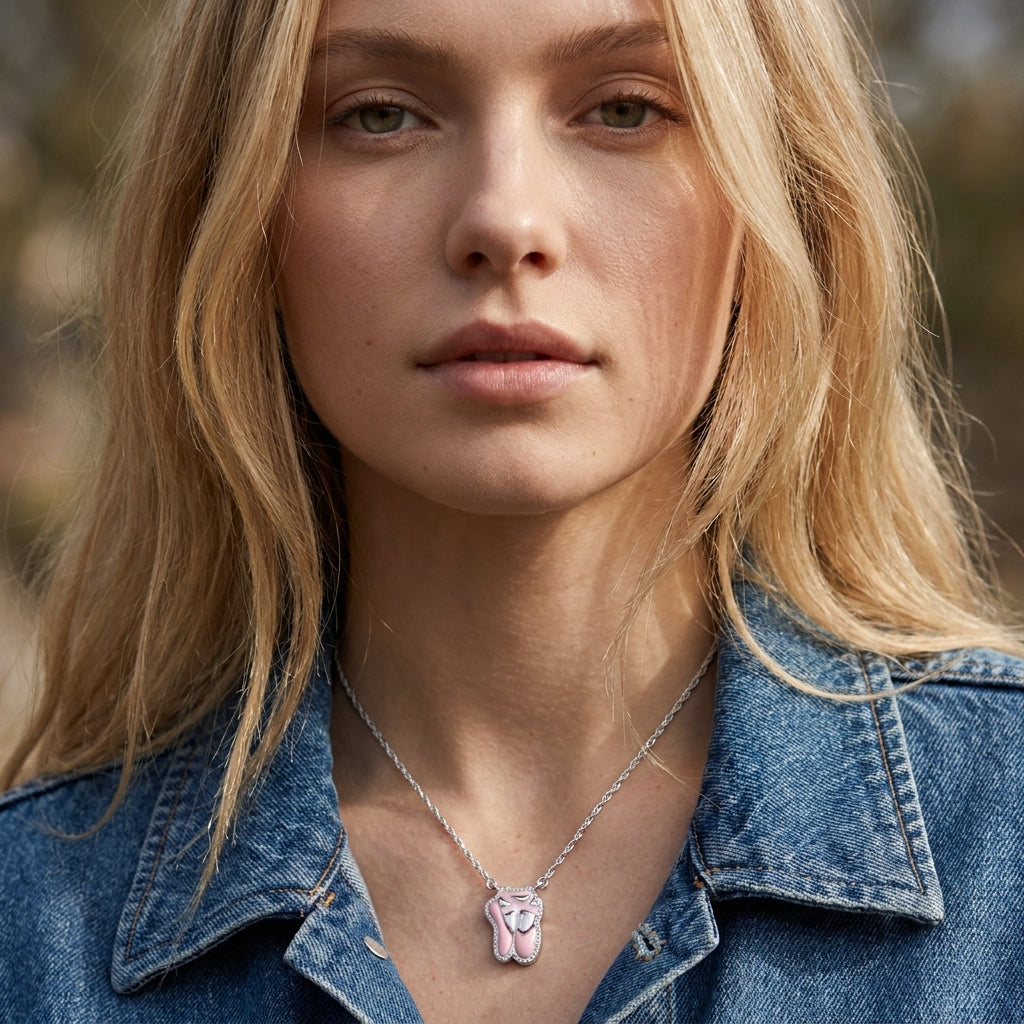 Model in a denim jacket showcasing the silver Kendra Scott ballet short pendant necklace.
