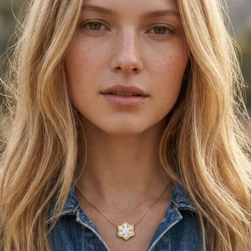 Close-up of a person wearing a gold necklace with a snowflake pendant, outdoors.