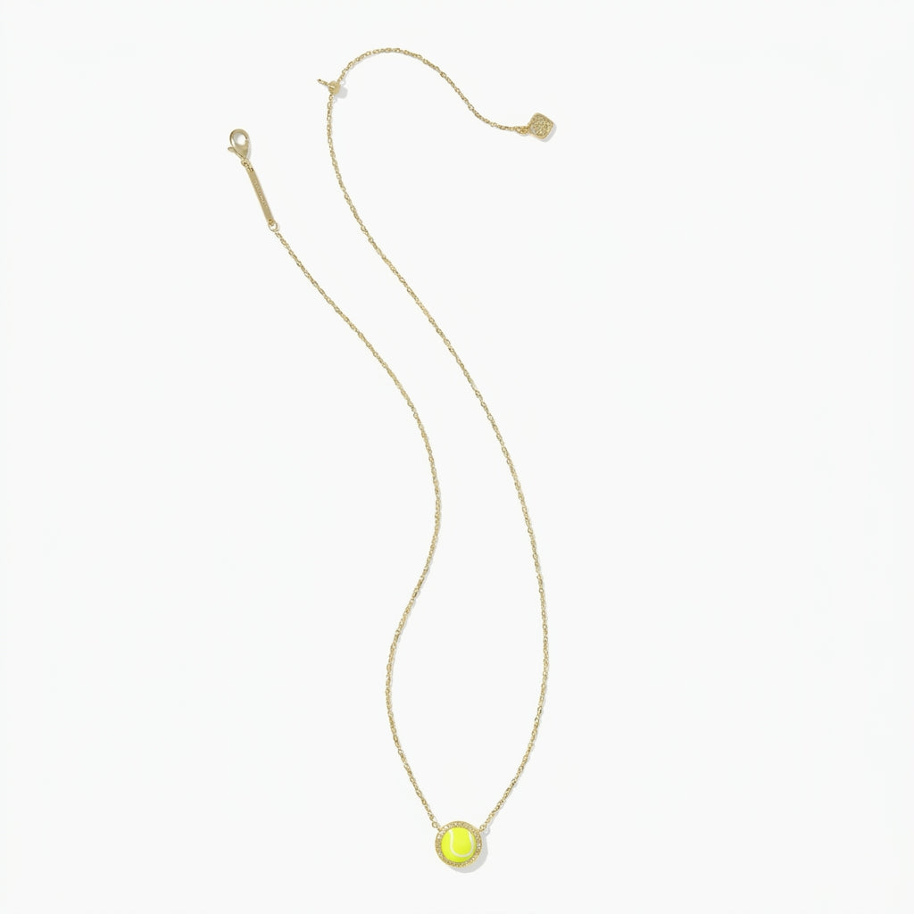 Full view of the gold Kendra Scott tennis pendant necklace highlighting the adjustable closure setup