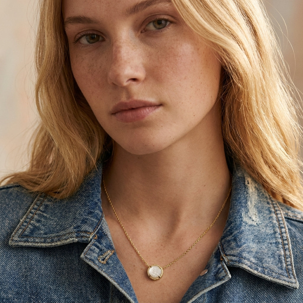 Blonde model wearing the gold Kendra Scott Volleyball short pendant necklace with a denim jacket