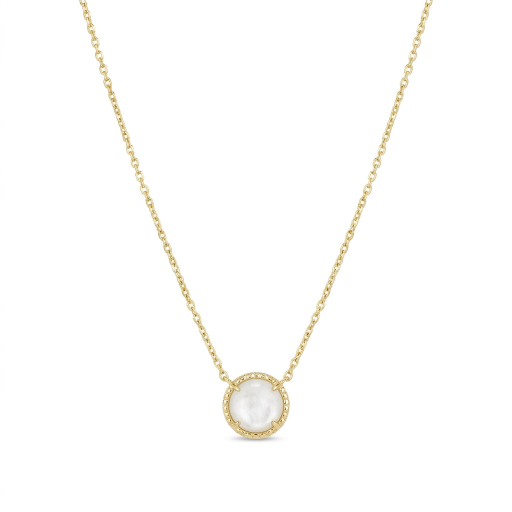 Kendra Scott Volleyball short pendant necklace in gold with a round white mother of pearl stone.