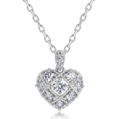 Lab grown diamond heart pendant necklace in silver with quilted lattice pattern and pave bail.