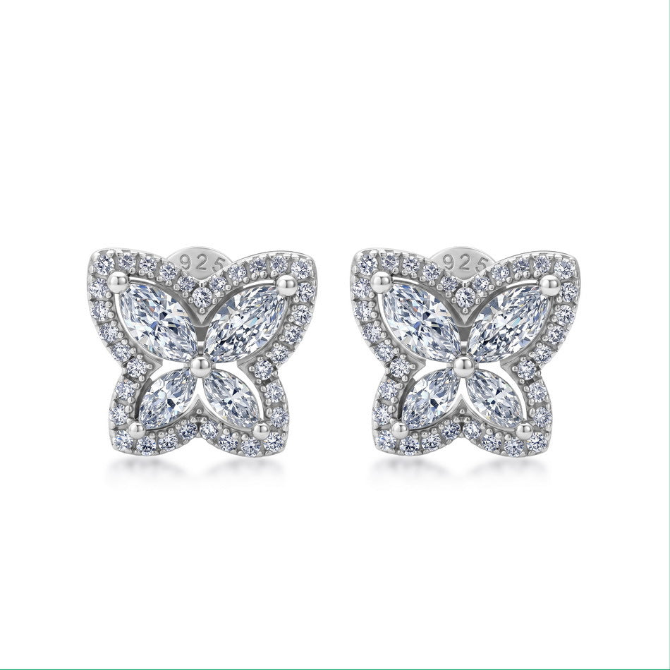 Lab grown diamond marquise butterfly halo stud earrings in 925 silver.