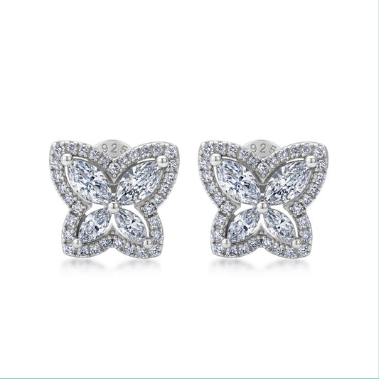 Lab grown diamond marquise butterfly halo stud earrings in 925 silver.