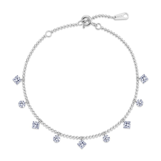 Lab grown diamond multi-shape dangle station bead chain bracelet in 925 silver.