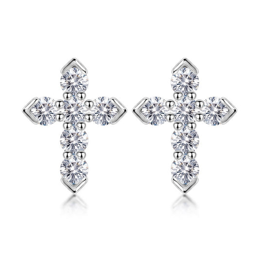 Lab grown diamond round cut v-prong cross stud earrings in 925 silver.