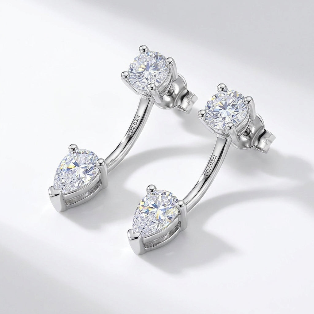 Perspective view of 2CT lab grown diamond round pear cut Toi et Moi front back earrings.