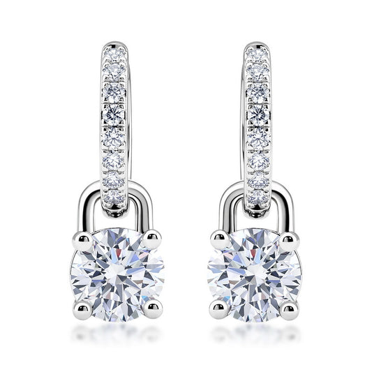 Lab grown diamond round solitaire padlock dangle earrings in 925 silver.