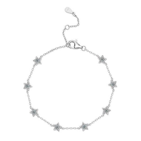 Lab grown diamond star station bracelet in 925 sterling silver with adjustable extension chain.