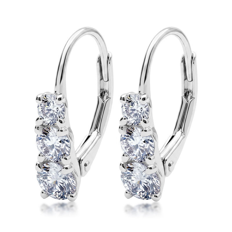 Lab grown diamond three stone leverback drop earrings in 925 sterling silver.