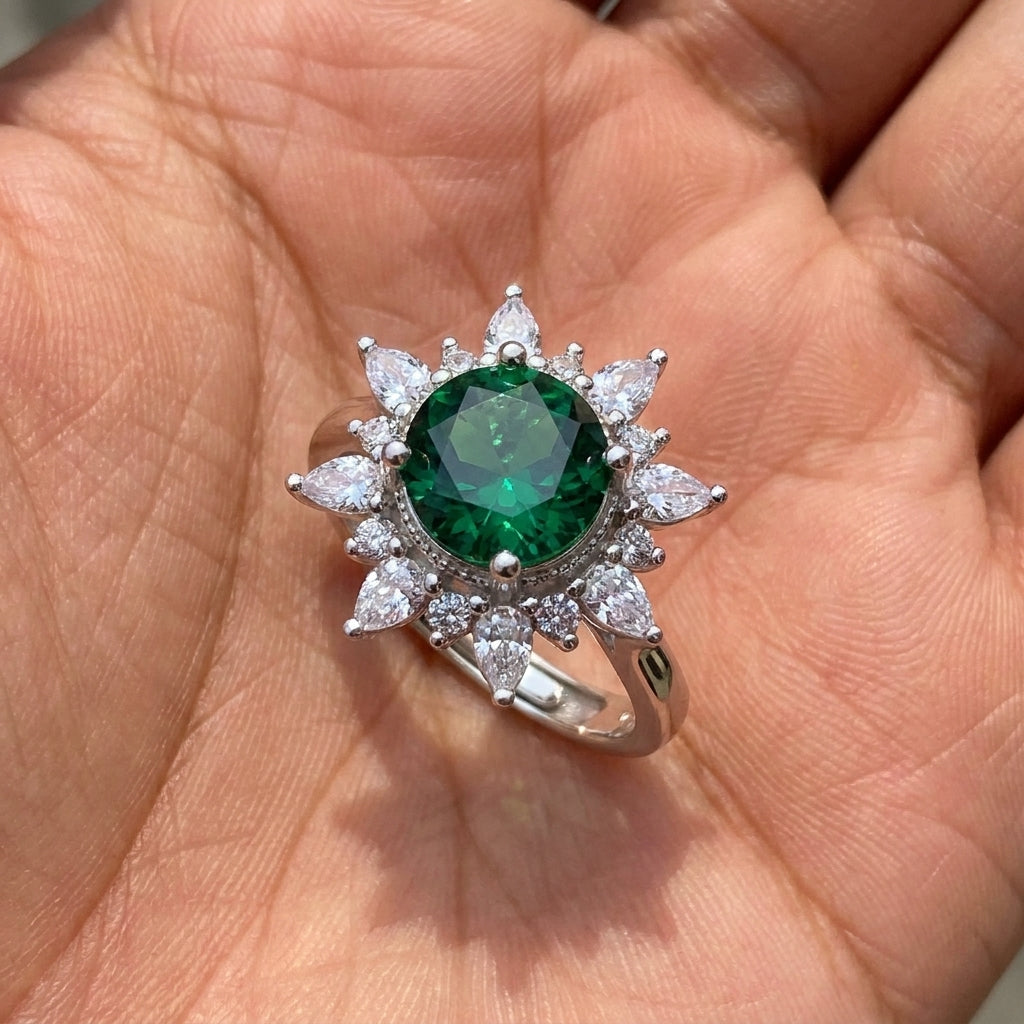 Silver ring with a green gemstone held in a hand