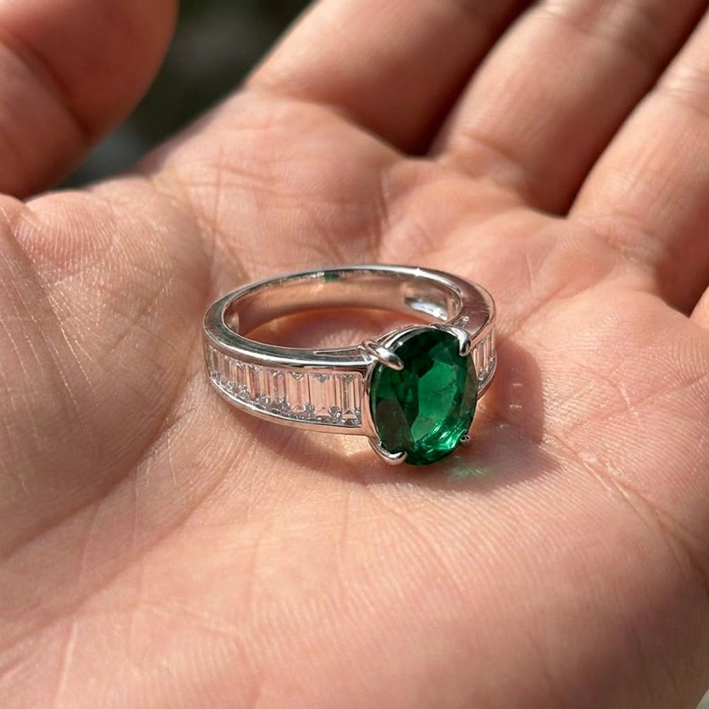 Silver ring with a green gemstone held in a hand