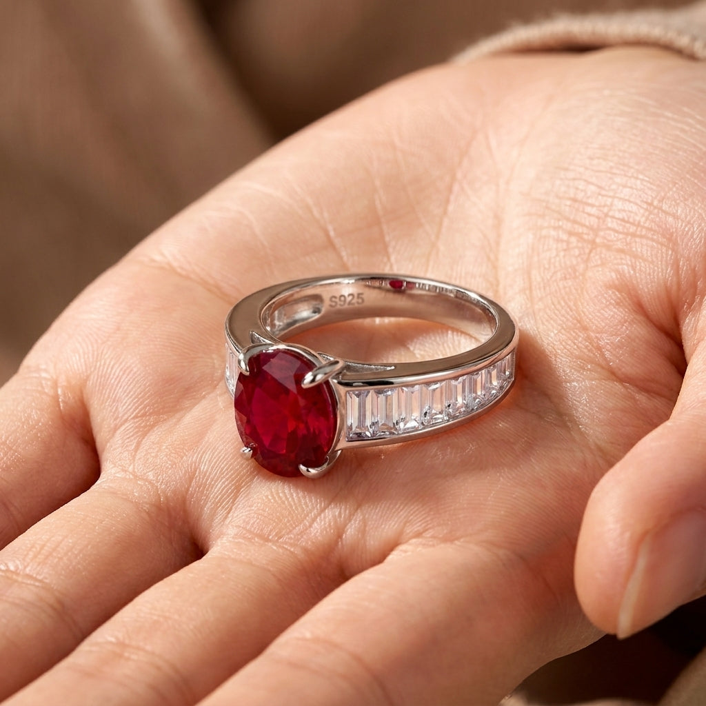 Silver ring with a red gemstone on a hand