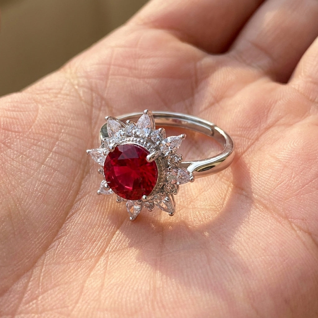 Silver ring with a red gemstone on a hand