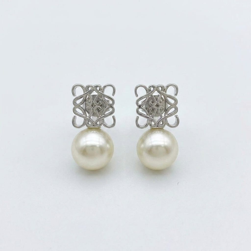 Loewe Anagram Geometric Pearl Earrings featuring an openwork logo and natural pearl drop