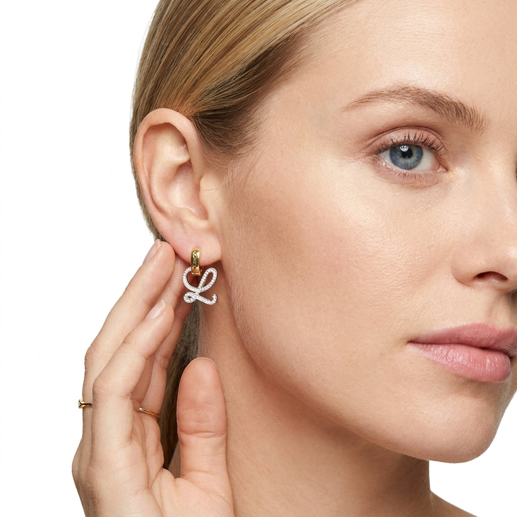 Model wearing Loewe Anagram L Earrings, an elegant and timeless accessory for modern luxury