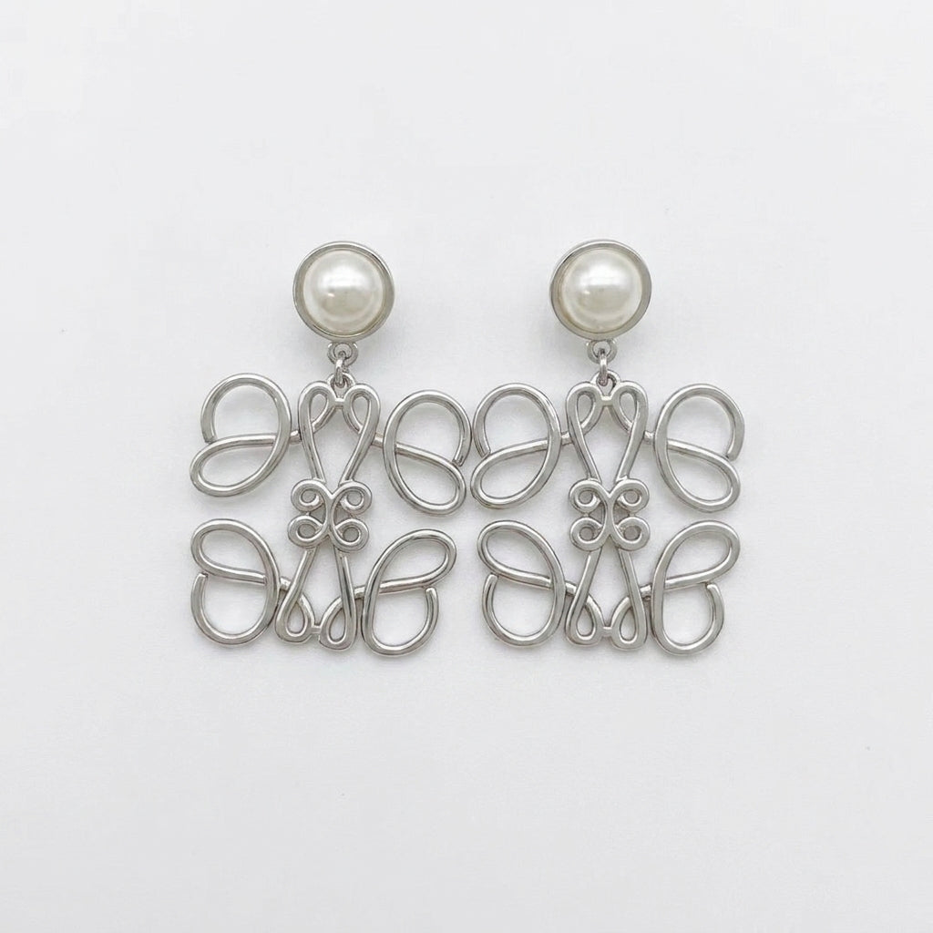 Loewe Anagram Silver Pearl Drop Earrings with an openwork logo charm and natural pearl dangle
