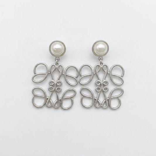 Loewe Anagram Silver Pearl Drop Earrings with an openwork logo charm and natural pearl dangle