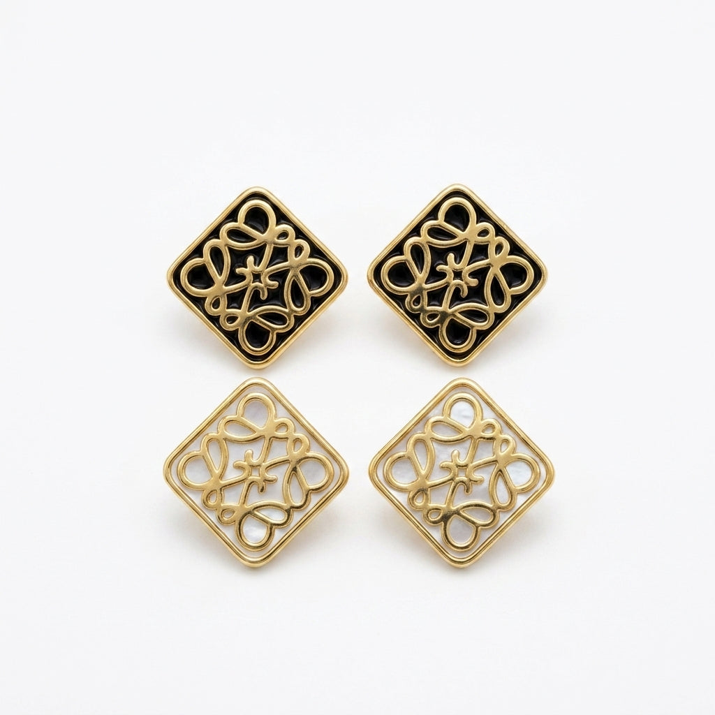 Loewe Enamel Openwork Square Anagram Stud Earrings in polished gold and black enamel