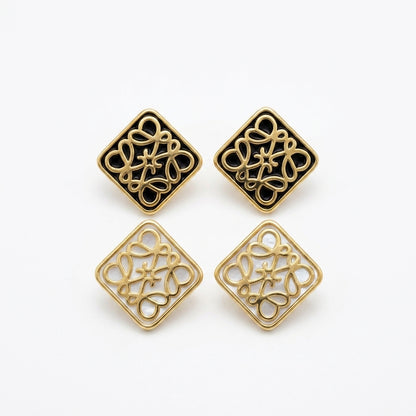 Loewe Enamel Openwork Square Anagram Stud Earrings in polished gold and black enamel