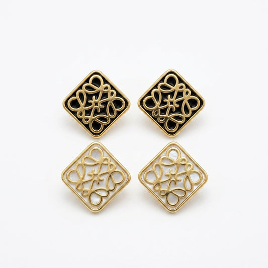 Loewe Enamel Openwork Square Anagram Stud Earrings in polished gold and black enamel