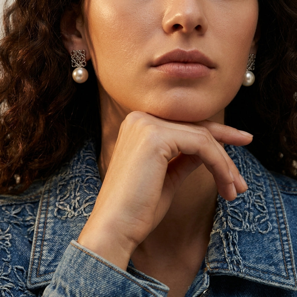 Model adjusts hair wearing Loewe Geometric Pearl Earrings, capturing the swaying luster