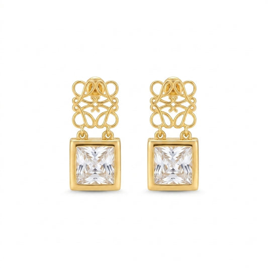 Loewe Gold Openwork Monogram Square Earrings with cubic zirconia accents in polished gold finish