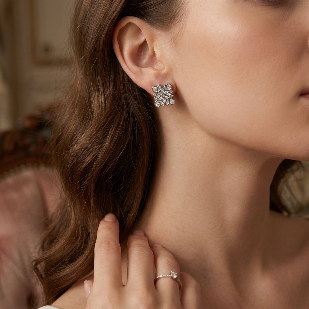Model wearing Loewe Square Full-Pavé Earrings, a bold minimalist statement for daily luxury