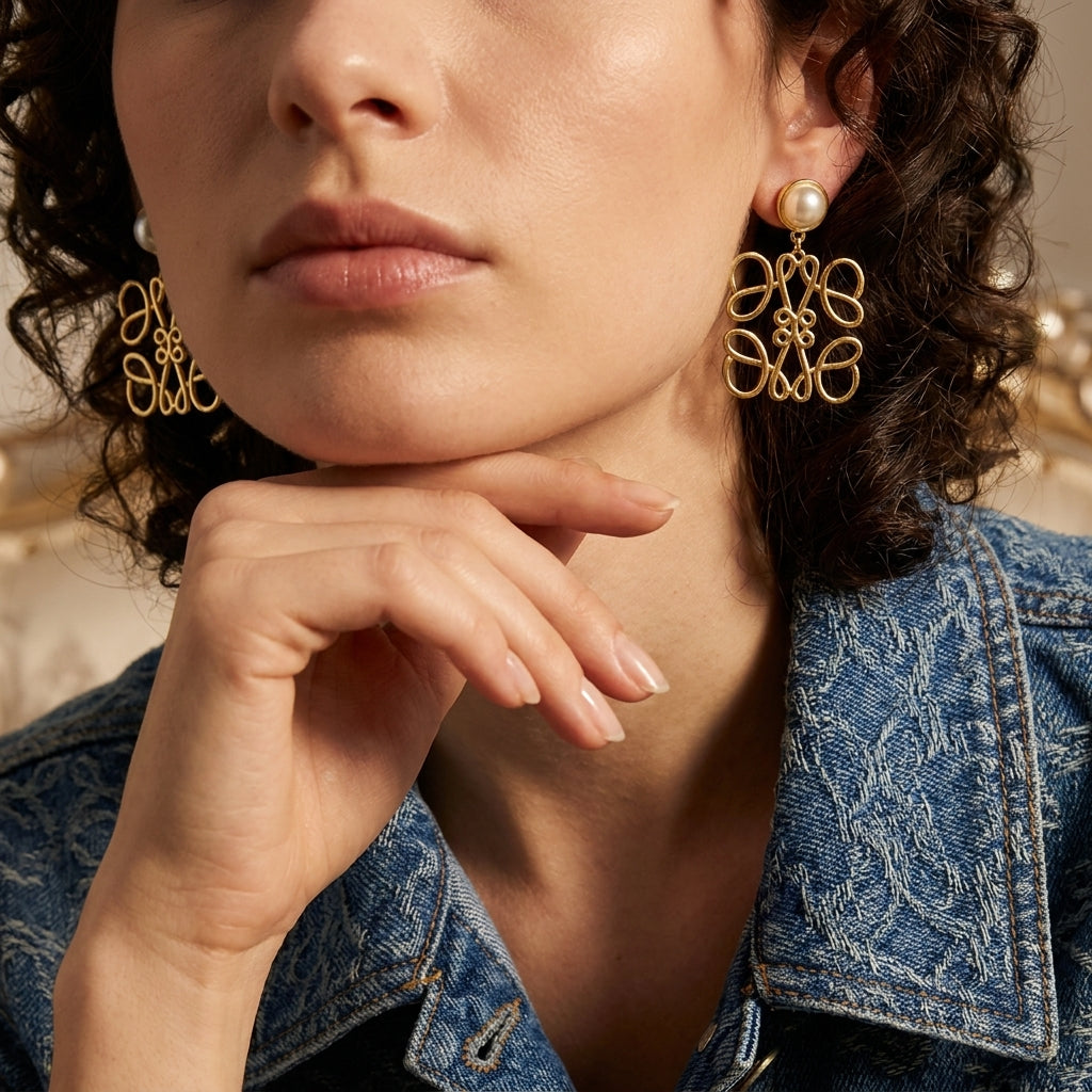 Model adjusts her hair wearing Loewe Anagram Pearl Drop Earrings, capturing the swaying pearl shine