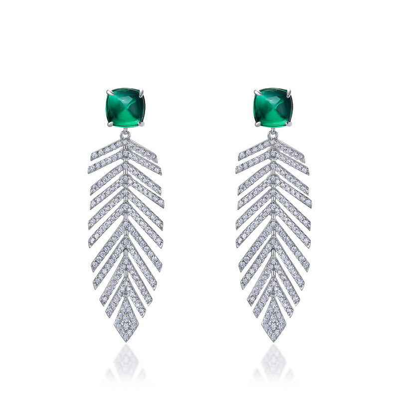 Luxury 8x8mm lab-grown emerald wheat earrings featuring princess-cut green gemstones with pave diamond fringe.